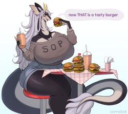 big_breasts burger cornstick dragon female female_only horned_dragon horns long_tail milkshake reptile shorts sweatshirt table tail thick_thighs wide_hips