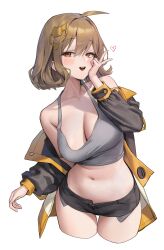 1girls anis_(nikke) belly belly_button breasts brown_hair busty cleavage female female_only fully_clothed goddess goddess_of_victory:_nikke heart horny jacket large_breasts midriff navel orange_eyes plump revealing_clothes short_hair short_shorts shorts smile tank_top xi_xeong