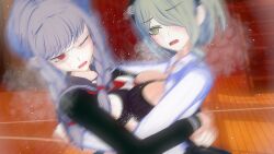 3d bernhardlescat bra breasts breasts_against_chest catfight cleavage danganronpa danganronpa_2:_goodbye_despair danganronpa_v3 female_only koikatsu large_breasts open_clothes pekoyama_peko straight_hair super_danganronpa_2 toujou_kirumi