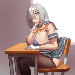 areola_slip black_pantyhose blue_bra blue_eyes bra bra_visible_through_clothes breast_rest breasts chair chair_embarrassment clothes_pull covered_nipples desk female from_side gloves grey_hair grey_skirt hair_ornament hair_over_one_eye hairclip hamakaze_(kantai_collection) highres huge_breasts kantai_collection looking_at_viewer micro_bra miniskirt neckerchief on_chair pantyhose pantyhose_pull pleated_skirt school_chair school_desk school_uniform see-through serafuku short_hair short_sleeves simplecar sitting sitting_at_desk sitting_on_chair skirt skirt_caught_on_object smile solo thick_thighs thighs underwear white_gloves yellow_neckerchief