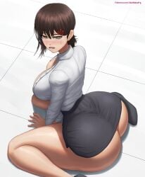 1girls alternate_breast_size alternate_version_available ass ass_expansion back back_view black_hair blush breasts bubble_butt chainsaw_man clothed clothed_female embarrassed female flustered hi_res higashiyama_kobeni huge_ass kneeling large_breasts light-skinned_female light_skin office_lady patreon_username short_hair short_skirt simple_background skirt superbusty thick_thighs thighs