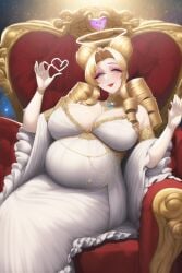 ai_generated big_breasts blonde_hair drill_hair goddess gown halo milf nai_diffusion pregnant sitting smiling space stable_diffusion throne white_dress white_gown