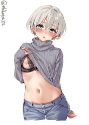 alternate_costume aqua_eyes black_bra blush bra breasts clothes_lift cowboy_shot denim ebifurya female grey_hair highres jeans kantai_collection lifted_by_self looking_at_viewer navel nipples open_mouth pants short_hair stomach sweater sweater_lift turtleneck turtleneck_sweater twitter_username underwear white_background z1_leberecht_maass_(kantai_collection)