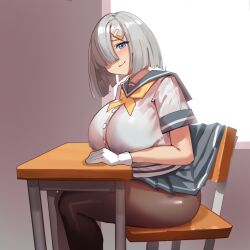 black_pantyhose blue_eyes breasts chair chair_embarrassment desk female gloves grey_hair grey_skirt hair_ornament hair_over_one_eye hairclip hamakaze_(kantai_collection) highres huge_breasts kantai_collection looking_at_viewer miniskirt neckerchief on_chair pantyhose pleated_skirt school_chair school_desk school_uniform serafuku short_hair short_sleeves simplecar sitting sitting_at_desk sitting_on_chair skirt skirt_caught_on_object smile solo thick_thighs thighs white_gloves yellow_neckerchief