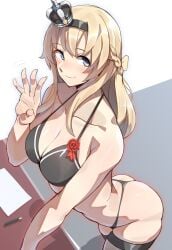 ass ayakumo bikini black_bikini blonde_hair blue_eyes braid breasts collarbone crown female flower hair_between_eyes jewelry kantai_collection long_hair looking_at_viewer mini_crown paper pen red_flower red_rose rose smile swimsuit thong warspite_(kantai_collection)