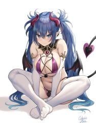 1girls artist_signature bikini blue_eyes blue_hair blush breasts cleavage demon demon_girl demon_horns ear_piercing feet feet_in_stockings female hips horns huge_breasts light-skinned_female light_skin long_hair navel oc oekakizuki original original_character plump pointy_ears simple_background succubus tail thick_thighs thighhighs thighs twintails wide_hips wings