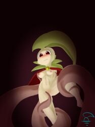 anthro blush breast_grab breasts cape chikorita clothing elemental_creature female forced generation_2_pokemon hand_on_breast hi_res nintendo nude pokemon pokemon_(species) simple_background solo strawbdragon tentacle video_games