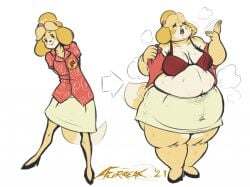 2021 2d afurreak animal_crossing anthro before_and_after big_belly big_breasts bra breasts canine cleavage fanning_self fat female female_only isabelle_(animal_crossing) khaki_shirt khakis nintendo obese obese_anthro obese_female office_lady overweight overweight_female skirt steaming_body sweating thick_thighs waving_hand weight_gain wide_hips