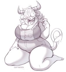 big_breasts bovine bra cornstick cow_horns earrings female female_only hooved_toes horns overalls smartphone tail thick_thighs wide_hips