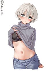 alternate_costume aqua_eyes black_bra blush bra breasts clothes_lift cowboy_shot denim ebifurya female grey_hair highres jeans kantai_collection lifted_by_self navel pants short_hair stomach sweater sweater_lift turtleneck turtleneck_sweater twitter_username underwear white_background z1_leberecht_maass_(kantai_collection)