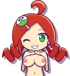 accurate_art_style andou_ringo big_breasts breasts furii_(artist) green_eyes hand_on_breast puyo_puyo puyo_puyo_7 puyo_puyo_artstyle puyo_puyo_fever red_hair smile wink