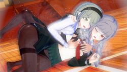 3d bernhardlescat bra breasts catfight cleavage danganronpa danganronpa_2:_goodbye_despair danganronpa_v3 female_only groping groping_breasts koikatsu large_breasts open_clothes panties pekoyama_peko straight_hair super_danganronpa_2 tights toujou_kirumi