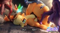 3d 3d_(artwork) anthro applejack_(mlp) crying dragon equid equine forced friendship_is_magic from_behind_position goblin_slayer grimdark gritting_teeth groping groping_ass group hand_on_ass hands_on_ass huge_ass larger_female long_penis massive_ass massive_butt massive_thighs my_little_pony pony rape scalie size_difference smaller_male smooth_skin snuddy text thunder_thighs