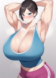 1girls ai_generated armpits arms_up biceps blue_eyes blue_tank_top blush brown_hair cleavage dolphin_shorts female female_only gigantic_breasts huge_breasts massive_breasts muscular muscular_arms muscular_female nai_diffusion pink_shorts short_shorts shorts solo stable_diffusion sweat tank_top thick_thighs voluptuous wide_hips