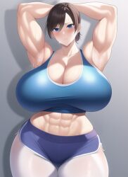 1girls abs ai_generated armpits arms_up biceps blue_eyes blue_shorts blue_tank_top blush brown_hair cleavage dolphin_shorts female female_only gigantic_breasts huge_breasts massive_breasts muscular muscular_arms muscular_female nai_diffusion short_shorts shorts smiling solo stable_diffusion sweat tank_top thick_thighs voluptuous wide_hips