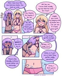 1futa 1girls blonde_hair blush comic comic_page comic_strip dark-skinned_female dark_skin dialogue english english_dialogue english_text female futanari harness intersex licking_nipples light-skinned_futanari light_skin long_hair medium_hair precum purple_hair speech_bubble text touching_penis uncensored welcome_to_heaven