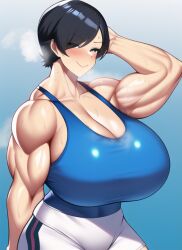 1girls ai_generated arms_up biceps blue_eyes blue_tank_top blush cleavage dark_hair dolphin_shorts female female_only gigantic_breasts huge_breasts massive_breasts muscular muscular_arms muscular_female nai_diffusion seductive_smile short_shorts shorts solo stable_diffusion steam steaming_body sweat tank_top voluptuous white_shorts wide_hips