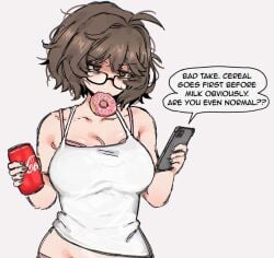 aki_(04119_snail) annoyed bra brown_hair coke donut glasses short_hair smartphone snale_(04119_snail) solo solo_female white_tank_top