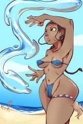 1girls alternate_version_available avatar_the_last_airbender background_characters beach bikini blue_eyes box_chan braided_hair breasts brown_hair dark-skinned_female dark_skin katara medium_breasts micro_bikini nickelodeon sokka swimsuit toph_bei_fong water waterbending young younger_female