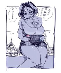 alternate_costume big_breasts bubble_tea_challenge cleavage female female_only gaming gym_shorts kingofbandit156 looking_at_viewer made_in_abyss monochrome nintendo_switch object_between_breasts off_shoulder ozen short_hair shorts sitting sofa thick_thighs two_tone_hair wide_hips