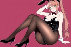 ai_generated ass blush brown_hair bunnysuit cleavage doki_doki_literature_club female funemily1 green_eyes heel_boots high_heels medium_breasts monika_(doki_doki_literature_club) nai_diffusion pantyhose stable_diffusion thick_thighs