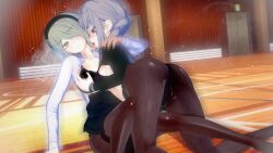 3d bernhardlescat bra breasts catfight cleavage danganronpa danganronpa_2:_goodbye_despair danganronpa_v3 female_only groping groping_breasts koikatsu large_breasts licking open_clothes panties pekoyama_peko straight_hair super_danganronpa_2 tights toujou_kirumi