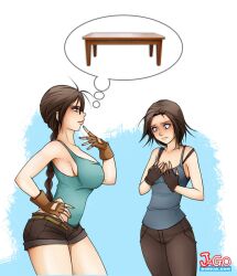 2girls breast_envy breasts female female_only flat_chest jago_dibuja lara_croft lara_croft_(classic) lara_croft_(survivor) table thought_bubble tomb_raider tomb_raider_(survivor)