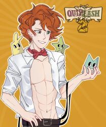 5_fingers abs annie_belta belt bowtie cat_quiplash_player_(jackbox) eyebrows_raised eyebrows_visible_through_hair freckles ginger green_eyes hand_on_hip holding human jackbox_games josh_schmitty_schmitstinstien logo male on_shoulders open_shirt orange_background pale_skin quiplash_(series) quiplash_2 rolled_up_sleeves smile star_quiplash_player_(jackbox) suspenders the_jackbox_party_pack_3 yellow_quiplash_player_(jackbox)