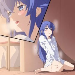 1girls bangs bare_legs barefoot blue_eyes blue_hair blush canon dress female female_masturbation female_only hair_between_eyes indoors japanese_text long_hair masturbation mushoku_tensei open_mouth roxy_migurdia shiny shiny_hair short_dress sitting solo solo_female straight_hair text very_long_hair wariza white_dress yoshida_keiji