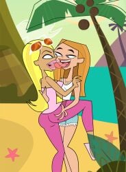 2girls ass_grab blonde_female blonde_hair blonde_hair_female commission dakota_(tdi) eyewear_on_head grabbing_ass green_eyes julia_(tdi) kissing lesbian_kiss licking_tongue lipstick pennsatucky sunglasses sunglasses_on_head tank_top tongue tongue_kiss tongue_out total_drama:_revenge_of_the_island total_drama_island total_drama_island_(2023) yuri