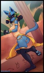 2d anthro ass big_breasts big_butt blue_body breasts female_lucario generation_4_pokemon gold_(metal) gold_jewelry hi_res holowear_(pokemon) jewelry leleack12 lucario male nintendo nipples pokemon pokemon_(species) pokemon_unite red_eyes ruins_style_lucario solo video_games