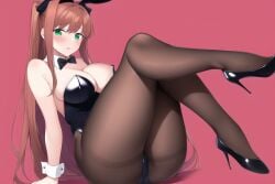 ai_generated ass blush brown_hair bunnysuit cleavage doki_doki_literature_club female funemily1 green_eyes heel_boots high_heels medium_breasts monika_(doki_doki_literature_club) nai_diffusion pantyhose stable_diffusion thick_thighs