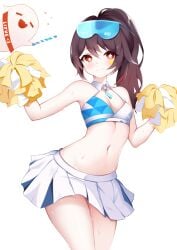 blue_archive breasts brown_eyes brown_hair cheerleader genshin_impact hibiki_(blue_archive)_(cosplay) hibiki_(cheerleader)_(blue_archive)_(cosplay) hu_tao_(genshin_impact) long_hair looking_at_viewer millennium_cheerleader_outfit_(blue_archive) ponytail skirt smile sweat thick_thighs white_background younger_female