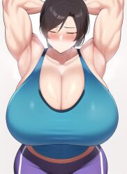 1girls ai_generated armpits arms_up biceps blue_eyes blue_tank_top blush brown_hair cleavage closed_eyes dolphin_shorts female female_only gigantic_breasts huge_breasts massive_breasts muscular muscular_arms muscular_female nai_diffusion purple_shorts short_shorts shorts solo stable_diffusion sweat tank_top voluptuous wide_hips