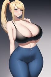 ai_generated black_bra blonde_hair blue_eyes clothing denim gigantic_breasts high-waist_pants huge_breasts jeans metroid mom_jeans nai_diffusion ponytail samus_aran seductive_smile shiny_clothes shiny_skin stable_diffusion tank_top wide_hips