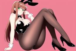 ai_generated ass blush brown_hair bunnysuit cleavage doki_doki_literature_club female funemily1 green_eyes heel_boots high_heels medium_breasts monika_(doki_doki_literature_club) nai_diffusion nipples pantyhose stable_diffusion thick_thighs