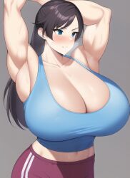 1girls ai_generated armpits arms_up biceps blue_eyes blue_tank_top blush brown_hair cleavage dolphin_shorts female female_only gigantic_breasts huge_breasts long_hair massive_breasts muscular muscular_arms muscular_female nai_diffusion purple_shorts short_shorts shorts smiling solo stable_diffusion sweat tank_top voluptuous wide_hips