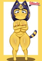 absurd_res animal_crossing ankha ankha_ride_(minus8) anthro areola big_breasts black_eyes blue_hair breasts brown_areola covering covering_breasts crossed_arms domestic_cat felid feline felis female frown genitals hair hi_res huge_breasts mammal markings navel nintendo nude pussy ribiruby solo striped_markings striped_tail stripes tail_markings thick_thighs video_games yellow_body