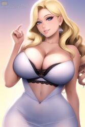 1girls ai_generated artist_self-insert big_breasts blonde_hair blue_eyes bra breasts busty cleavage clothed clothed_female clothes clothing curvaceous curvy curvy_body curvy_female curvy_figure dress female female_focus female_only grin hips huge_breasts large_breasts light-skinned_female light_skin long_hair looking_at_viewer nai_diffusion queen_dee queen_dee_(character) smile smiling smiling_at_viewer solo solo_female solo_focus stable_diffusion thick voluptuous wide_hips