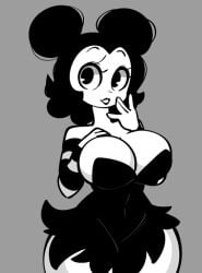 1girls big_breasts black_dress black_hair breasts cleavage clothing elbow_gloves female grey_background hair_bun hand_on_breast hi_res huge_breasts jek_korpen monochrome original_character pac-man_eyes sally_mcboing solo strapless striped_gloves tagme thick_thighs white_body