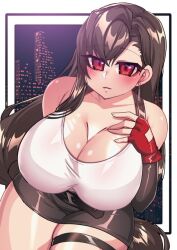 1girls big_breasts blush female final_fantasy final_fantasy_vii fingerless_gloves lewdweather long_hair open_mouth red_eyes short_skirt tagme thick thick_thighs tifa_lockhart touching_breast