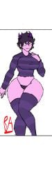 badly_drawn big_ass big_breasts clothed crop_top cross-eyed curvy eyes_crossed flat_colors g-string hip_lines horns jellybean_(mcyt) legwear messy_hair midriff no_pants purple_clothing purple_horns purple_legwear purple_thighhighs purple_topwear short_hair string_panties thigh_socks wasp_waist white_background wide_hips