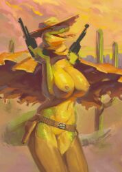 anthro belt big_breasts breasts cactus cape chaps clothed clothing cowboy cowboy_hat cowboy_outfit fangs featureless_crotch female firearm forked_tongue green_body green_scales gun gun_holster handgun hat headgear headwear hi_res holding_gun holding_handgun holding_object holding_pistol holding_weapon legwear neracoda nipple_piercing nipples non-mammal_breasts outerwear outside piercing pistol plant ranged_weapon reptile revolver scales scalie snake solo sunset tactical_nudity tongue tongue_out topless weapon wild_west