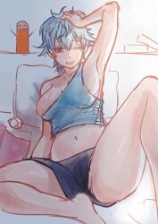 arm_up armpit big_breasts blue_hair boxers boxers_(clothing) boyshorts canon_genderswap colored_sketch female female_only genderswap_(mtf) ginko_sakata gintama gintoki_sakata hand_on_head justaway leg_up light_blue_hair looking_at_viewer male_underwear messy_hair nipple_slip no_bra not_responding off_shoulder on_bed one_eye_closed open_mouth pussy_juice_stain rule_63 short_hair short_shorts shorts sideboob sitting solo spread_legs tank_top tears thick_thighs tomboy underwear used_tissue very_short_hair waking_up wet_pussy yawn