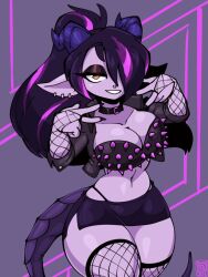 black_hair choker collar female female_focus fishnets horns jek_korpen monster_girl nose_ring pink_hair purple-skinned_female purple_skin skimpy_clothes spiky_bra tagme tail thong_above_skirt thong_straps two_tone_hair