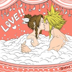 1boy 1boy1girl 1girls aerith_gainsborough bath bathing bathing_together blonde_hair bubble_bath bubbles christmas christmas_decorations cloud_strife female final_fantasy final_fantasy_vii final_fantasy_vii_remake kissing love making_out male male/female mixed_bathing nude romantic straight