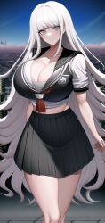 ai_generated bad_hands city cleavage danganronpa danganronpa:_trigger_happy_havoc grey_eyes huge_breasts long_hair looking_at_viewer midriff n.c.b_ai nai_diffusion night oogami_sakura school_uniform skirt smile stable_diffusion thighs white_hair