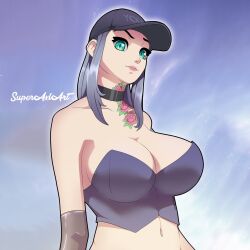 barely_clothed bra breasts chigusa_(fortnite) choker fortnite green_eyes raised_eyebrow silver_hair stomach superaxlart tattoo