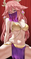 1girls artist_signature belly_dancer belly_dancer_outfit breasts dancer_outfit female fox_ears fox_girl genshin_impact harem_girl harem_outfit kitsune large_breasts light-skinned_female light_skin loincloth long_hair looking_at_viewer navel pink_hair purple_eyes slim_waist smile thighs uenoryoma veil yae_miko