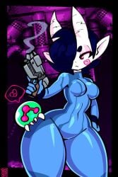 amy_(jek_korpen) black_hair breasts female female_focus gun horns jek_korpen metroid monster_girl tagme thick_thighs tight_clothing white_body zero_suit